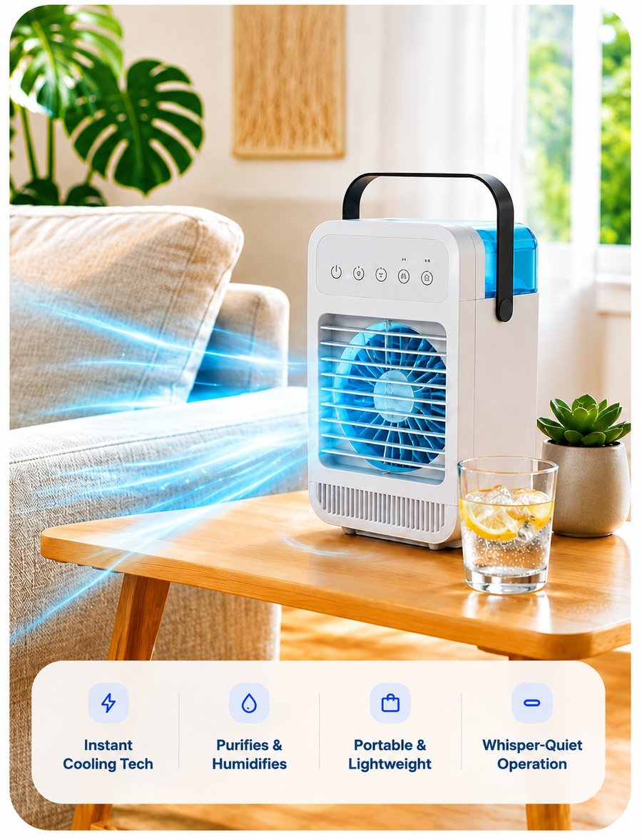CoolJet portable cooler close up with blue mist and cooling feature icons