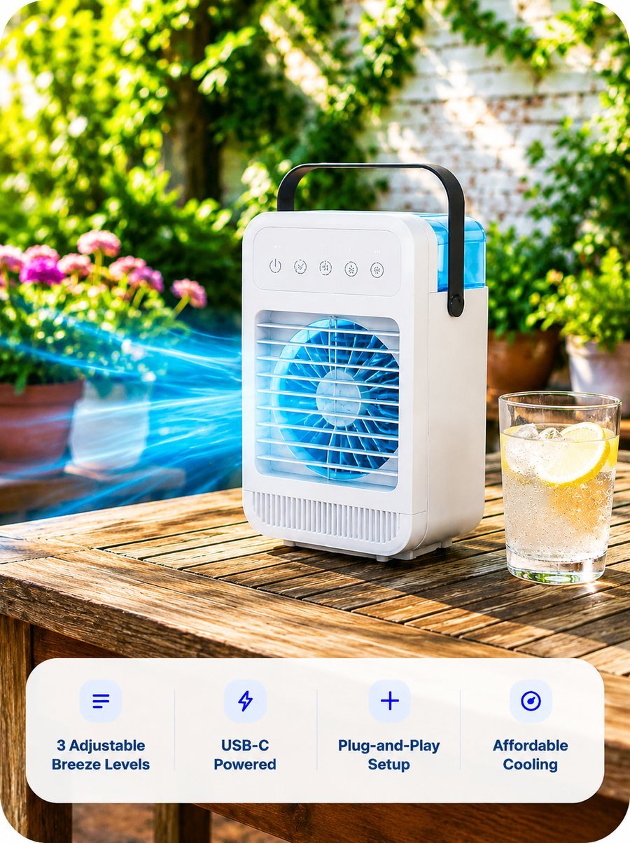 CoolJet used outdoors on a patio table with feature icons