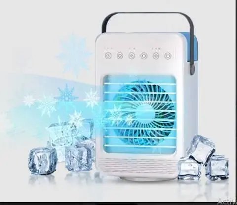 CoolJet portable air cooler surrounded by ice cubes and frost, showing its cooling power
