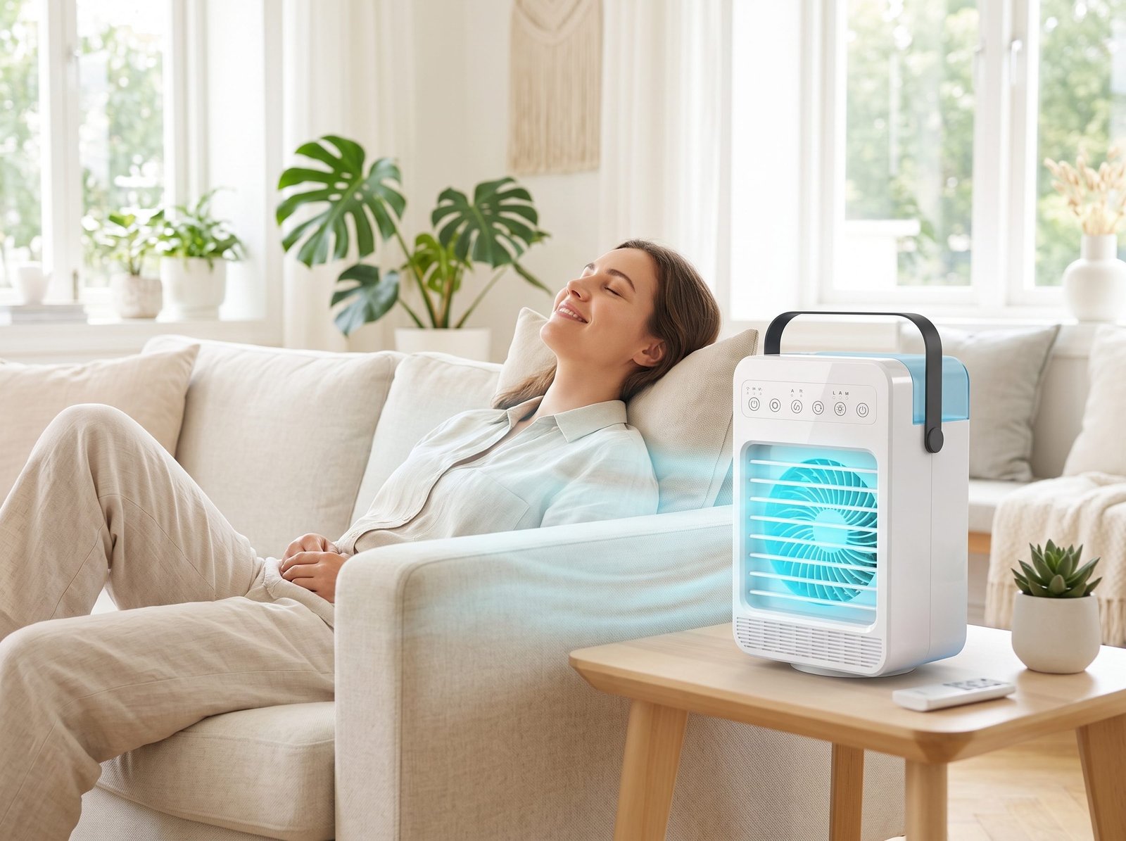 Woman relaxing on her couch while CoolJet cools the room beside her