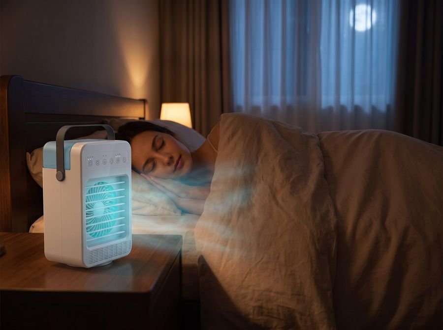 CoolJet running quietly on a nightstand while she sleeps